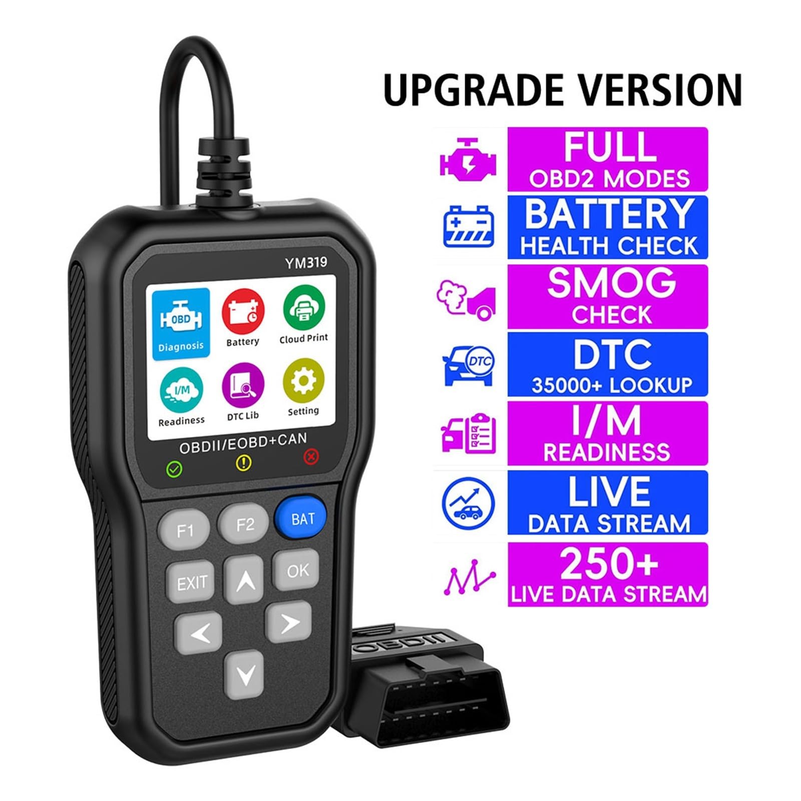 Skaner do Samochodu, Narzędzie diagnostyczne do samochodów Tester akumulatorów YM319 Skaner OBD2 Odczyt informacji o pojeździe Sprawdź system silnika Wielojęzyczny czytnik kodów