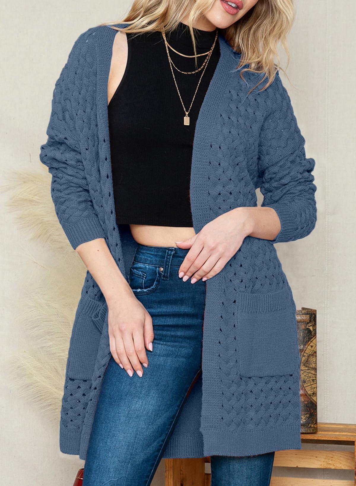 Chaqueta larga de punto para mujer, chaqueta de punto frontal abierta, abrigo con bolsillos, ropa exterior holgada informal para uso diario, Real Teal, XXL