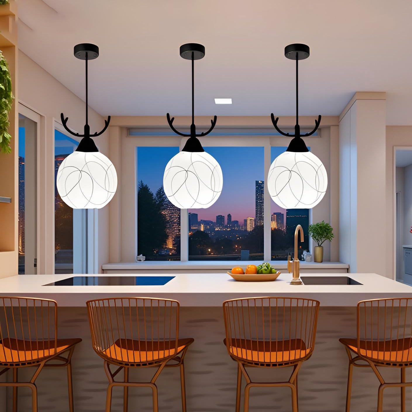 Deer Horns Hanging Lamps for Home Decoration, Hanging Lights for Living Room/Bedroom/Gallery, Pendant Lights for Kitchen Counter, Ceiling Light for Hall ((Pack of 3)