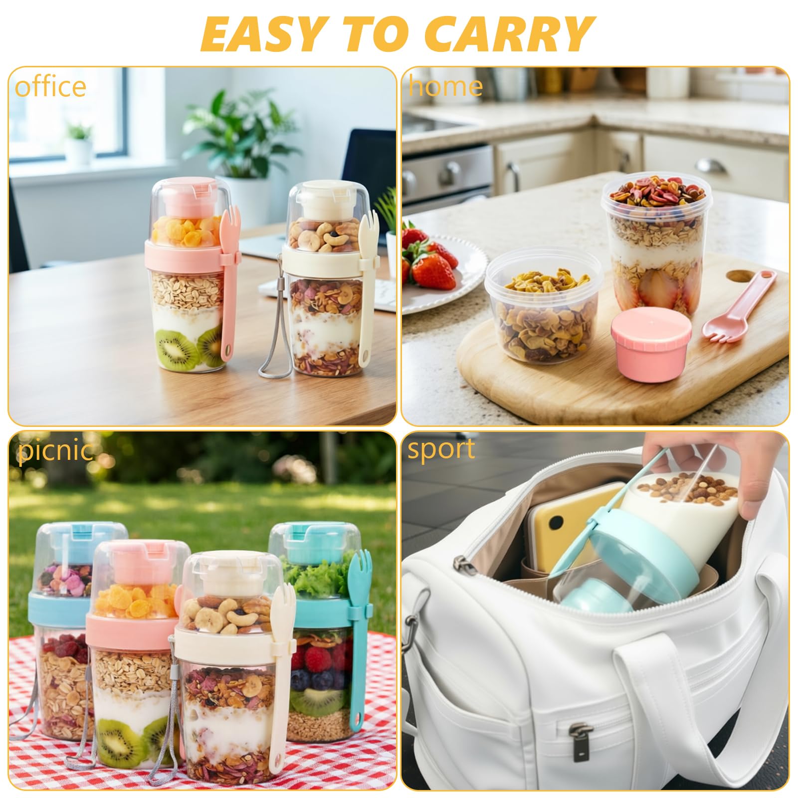 Müslibecher to Go, 4 Stück Jogurtbecher für Unterwegs mit löffel, Joghurt to Go Becher, Doppelschicht Auslaufsicherer Salatbecher, Müsli to go Becher für Arbeit, Schule, Reisen, Picknick