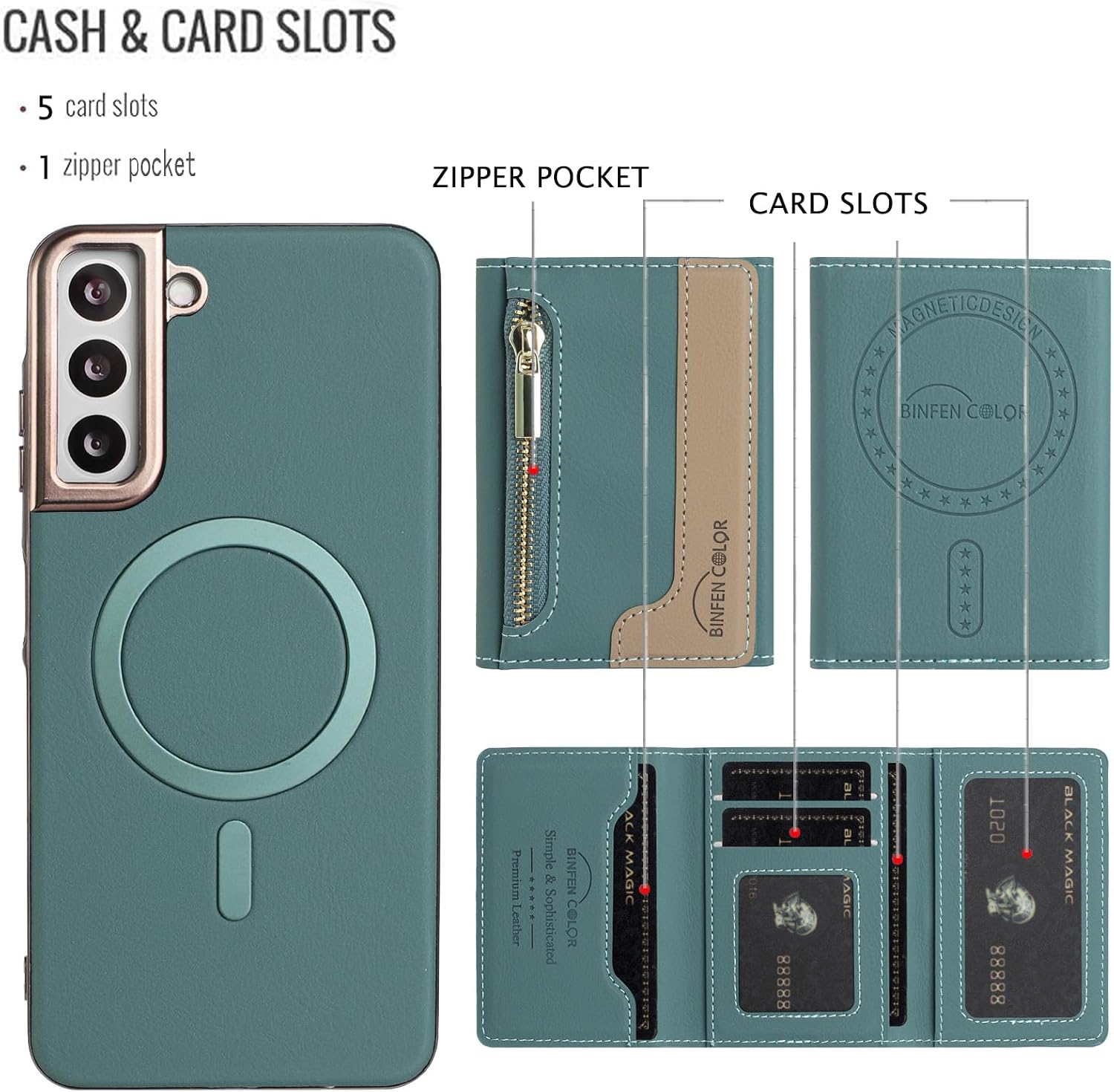 Asuwish Phone Case for Samsung Galaxy S24 5G Wallet Cell Cover Compatible with Magsafe RFID Tempered Glass Screen Protector Credit Card Holder Slot Stand S 24 24S G5 SM-S931U Women Green