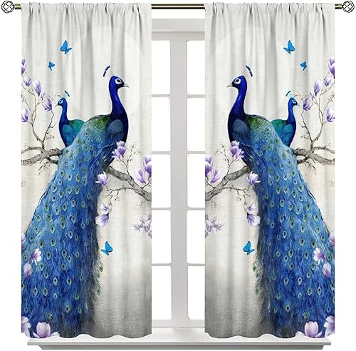 Miniatura 53 de Cortina opaca con estampado de pavo real, con estampado de animales retro, con bolsillo para cortinero y flores de peonía doradas, para dormitorio,