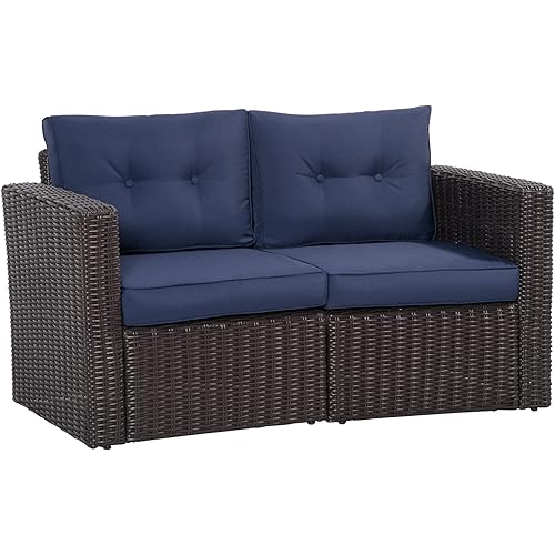 Outsunny 2 Piece Patio Wicker Corner Sofa Set, Outdoor PE Rattan Furniture, with Curved Armrests and Padded Cushions for Balcony, Garden, or Lawn, Lawn, Dark Blue