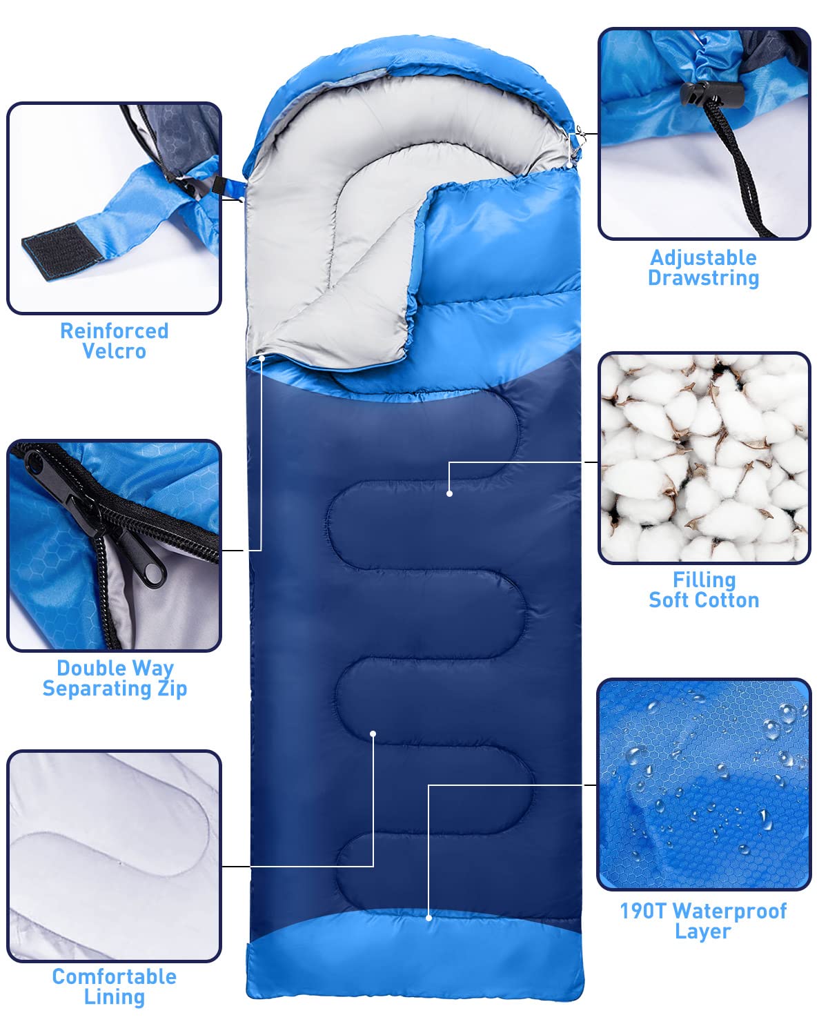 Sac de couchage pour camping – Ultraléger 4 saisons pour une seule personne, chaud et léger, sac de couchage pour camping, léger, imperméable, intérieur et extérieur pour enfants, adolescents,