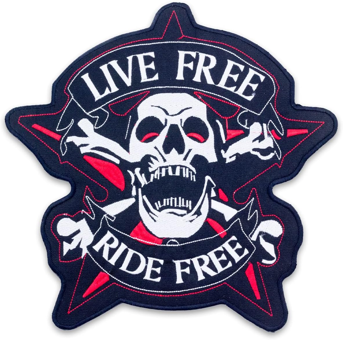 Live Free Ride Free Skull Crossbones Patch 10.5" x 10" - Embroidered Iron On Biker Patch for MC Vests Jackets Leather