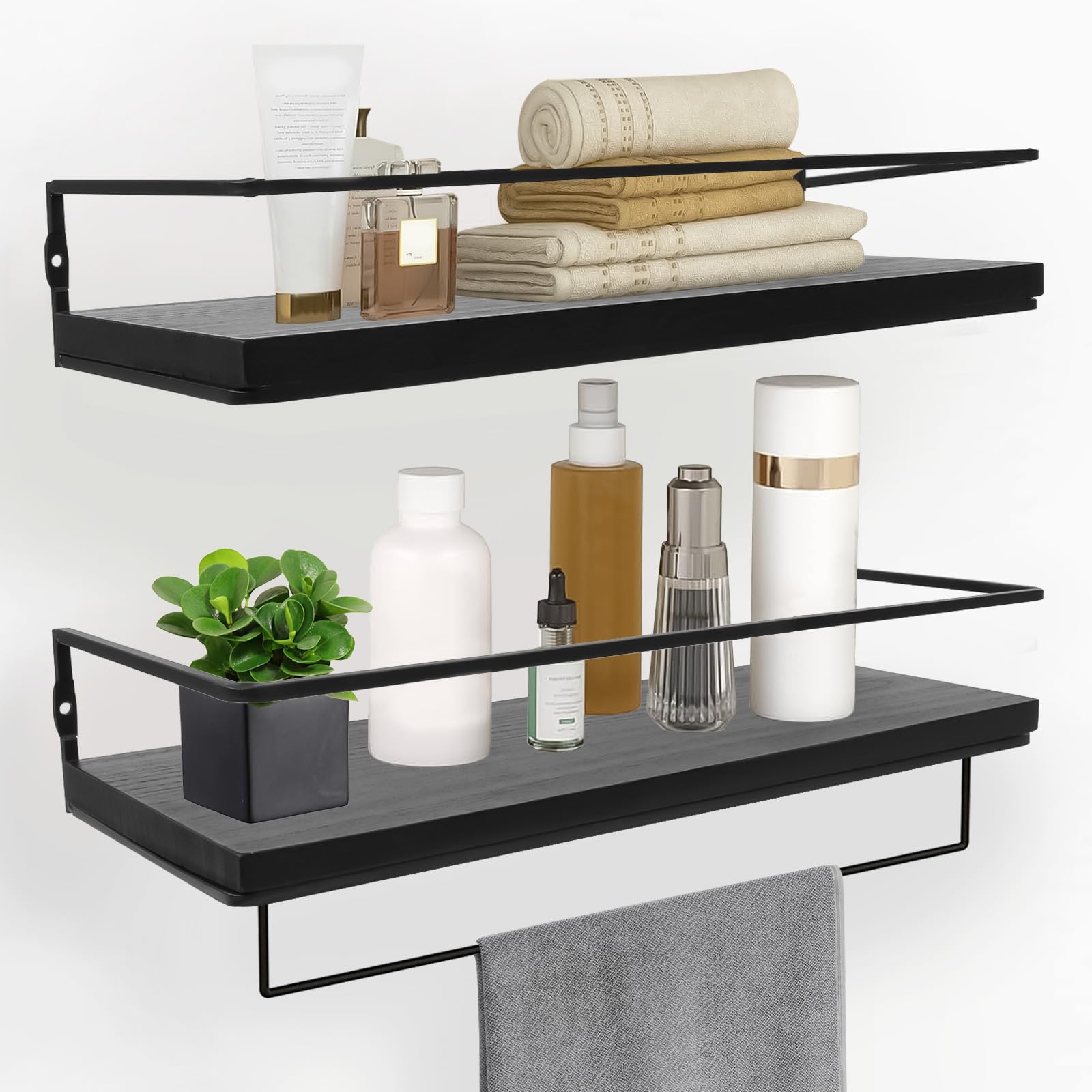 Qivine Lot de 2 Etagère Murale en Bois, Étagère Murale Bois avec Porte-Serviettes, 40 cm Etagere Murale Salle de Bain Flottante, pour Salon, Chambre d'enfant, Chambre à Coucher