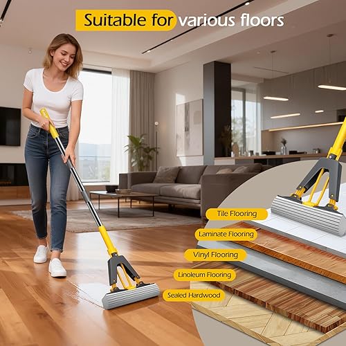 Miniatura 7 de MASTERTOP Trapeador de esponja, mopa autoexprimible con 3 repuestos de mopa absorbente de PVA, mopa de esponja con rodillo con mango de acero