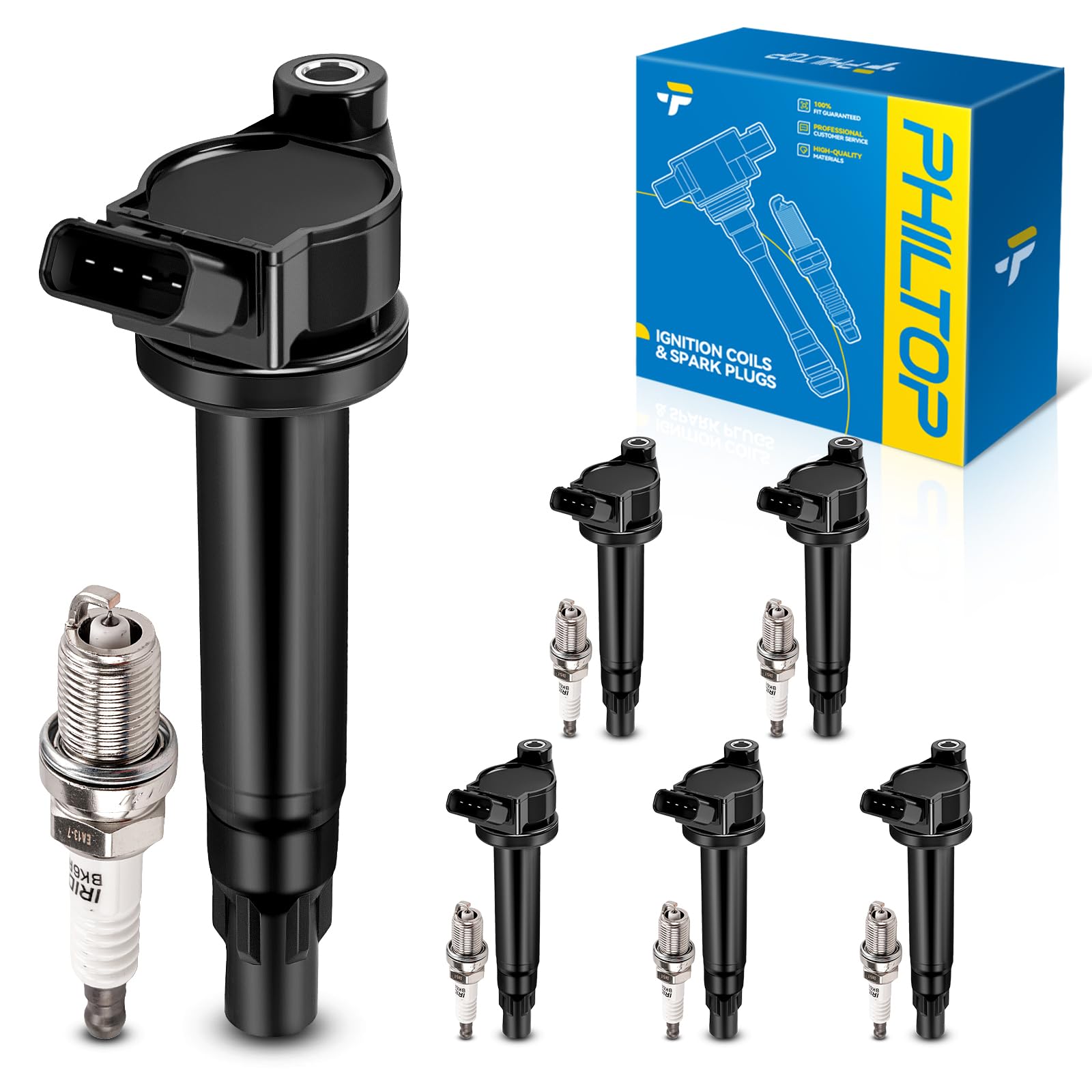PHILTOP Ignition Coil Pack and Spark Plugs Fits for Toyota 2004-2006 Sienna, 2004-2008 Highlander 3.3L, 2004-2008 Solara 3.3L, Lexus 2004-2006 RX330 3.3L, 2004-2006 ES330 3.3L, 6PCS UF430
