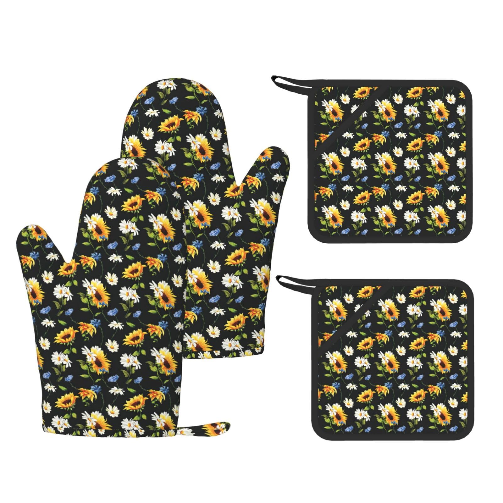 Nimongt Black Sunflowers Chamomile Print Heat Resistant Gloves Pads Reusable Kitchen Set Oven Baking Grilling Cooking