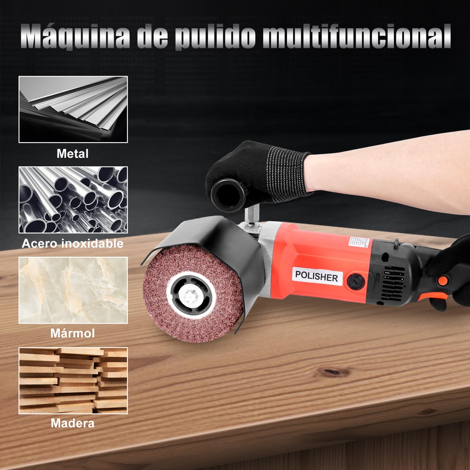 HYCHIKA BETTER TOOLS FOR BETTER LIFE 1400W Pulidora Eléctrica para Madera, Metal y acero Inoxidable, 8 Velocidades Variables, 600-3600RPM Lijadora de Rodillo, Máquina de Satinado, Ø120mm
