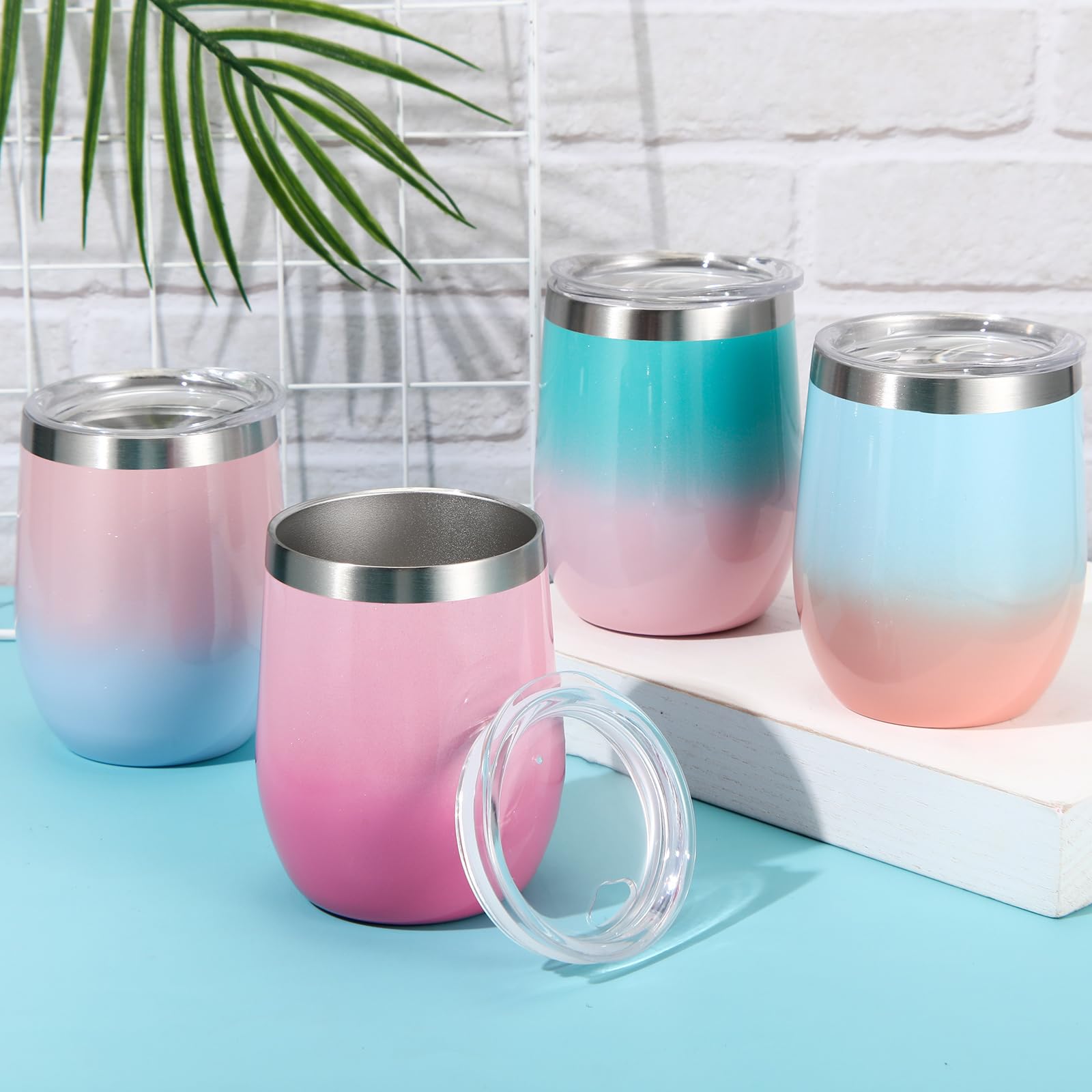 Baderke Weingläser mit Deckel, 340 ml, Edelstahl, Weingläser für Damen, wiederverwendbar, doppellagig, Reisebecher für Kaffee, Cocktails, Getränke, Farbverlauf, mehrfarbig, 8 Stück