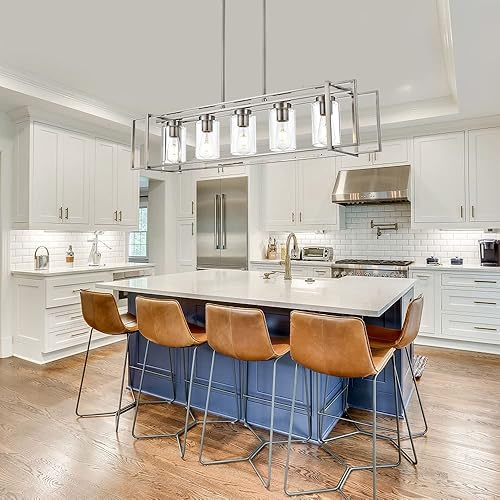 Miniatura 9 de Lucidce Lámparas de araña de 5 luces de estilo rústico de latón negro para isla de comedor con pantallas de vidrio transparente, iluminación