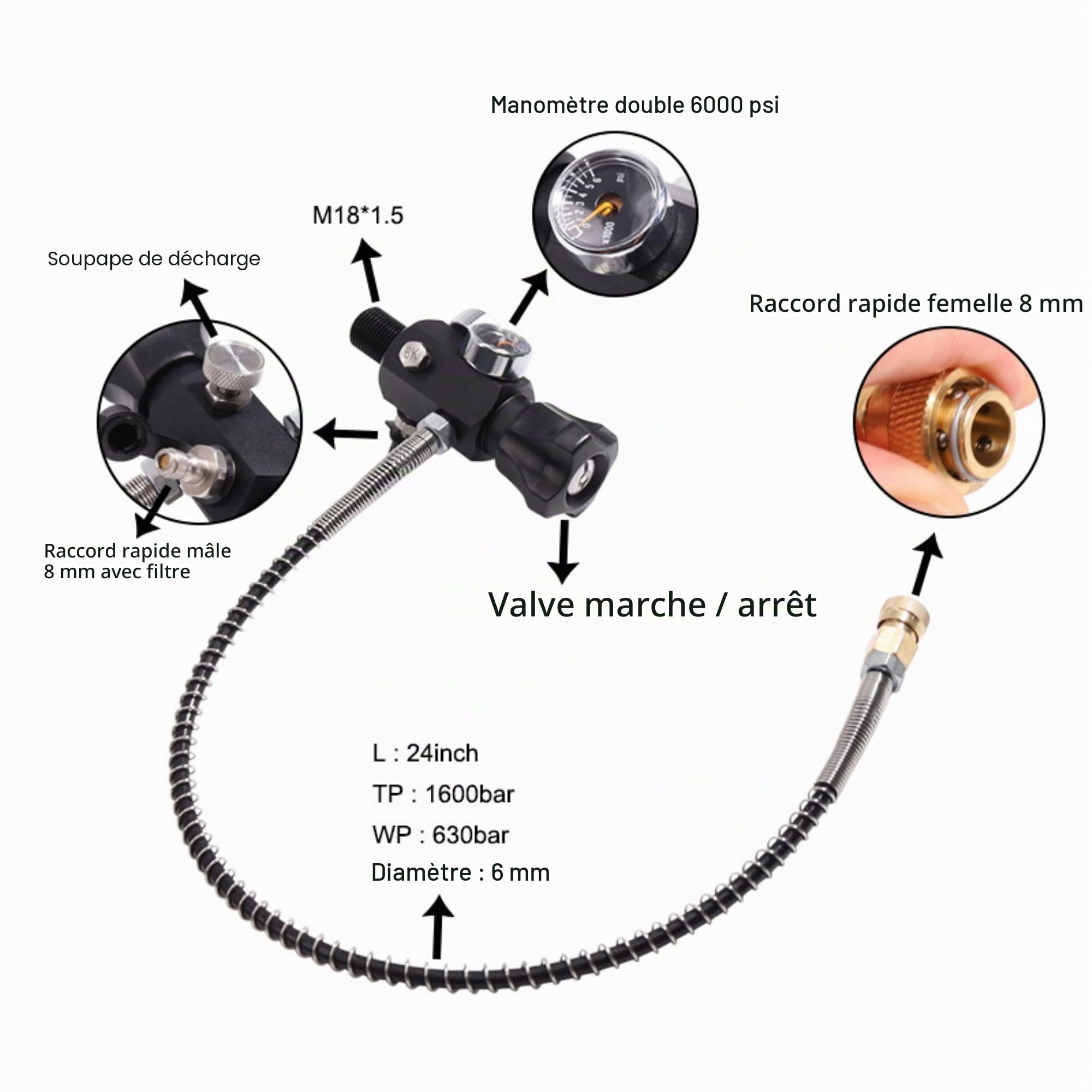 TUXING Réservoir d'air en fibre de carbone 6,8 L 4500 Psi 300 bar (bouteille vide) Station de remplissage Paintball avec deux manomètres Jusqu'à Avec tuyau haute pression de 61 cm M18 x 1,5 Ferreux
