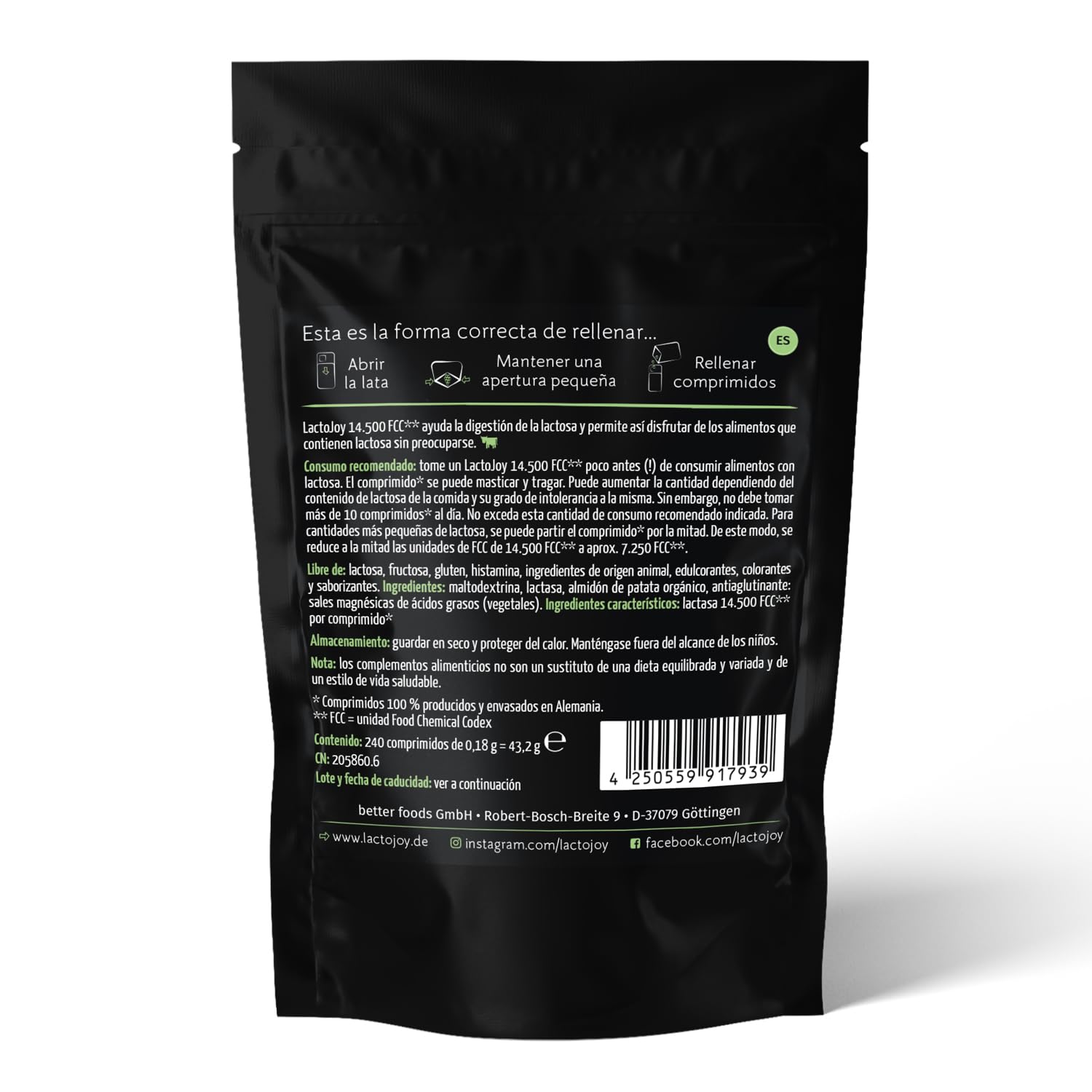 LactoJoy Pastillas de Lactasa 14.500 FCC I Tratamiento de Comprimidos para Intolerancia a la Lactosa I Capsulas de Enzimas Digestivas I Vegano I Recarga de 240 Caps