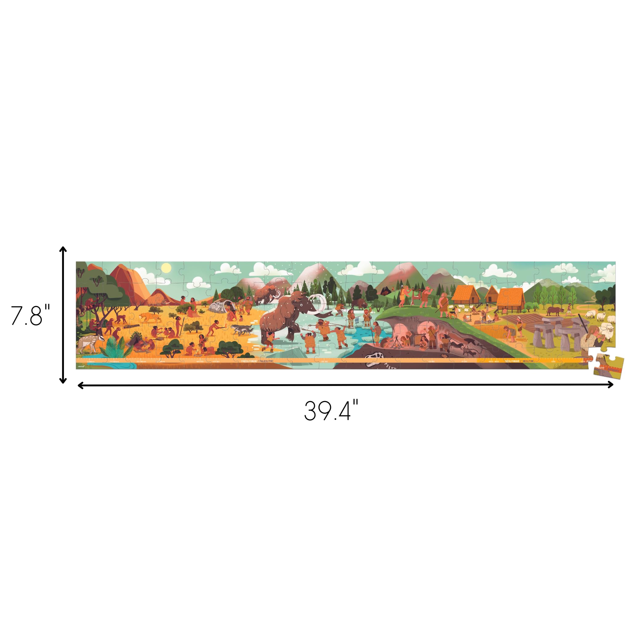 Janod J02558 Kinder-Puzzle mit 100 Teilen, Panorama der Vorgeschichte, Geschenktasche mit Stoffgriff, Alter 6-10 Jahre