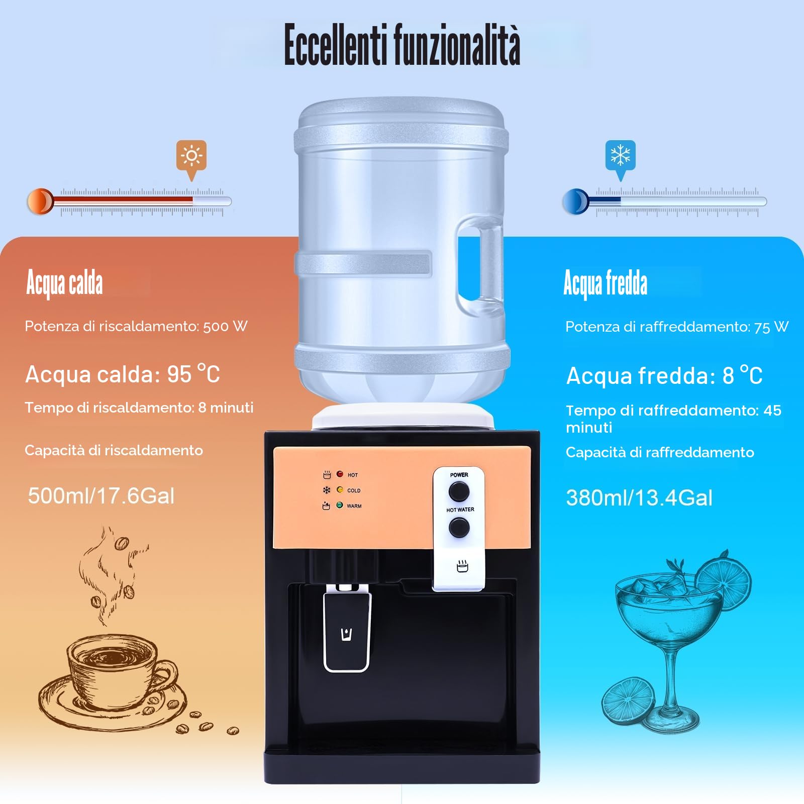 Distributore elettrico di acqua calda e fredda 550 W, uscita acqua potabile, ufficio domestico, ufficio, desktop, 5 – 18 l, nero