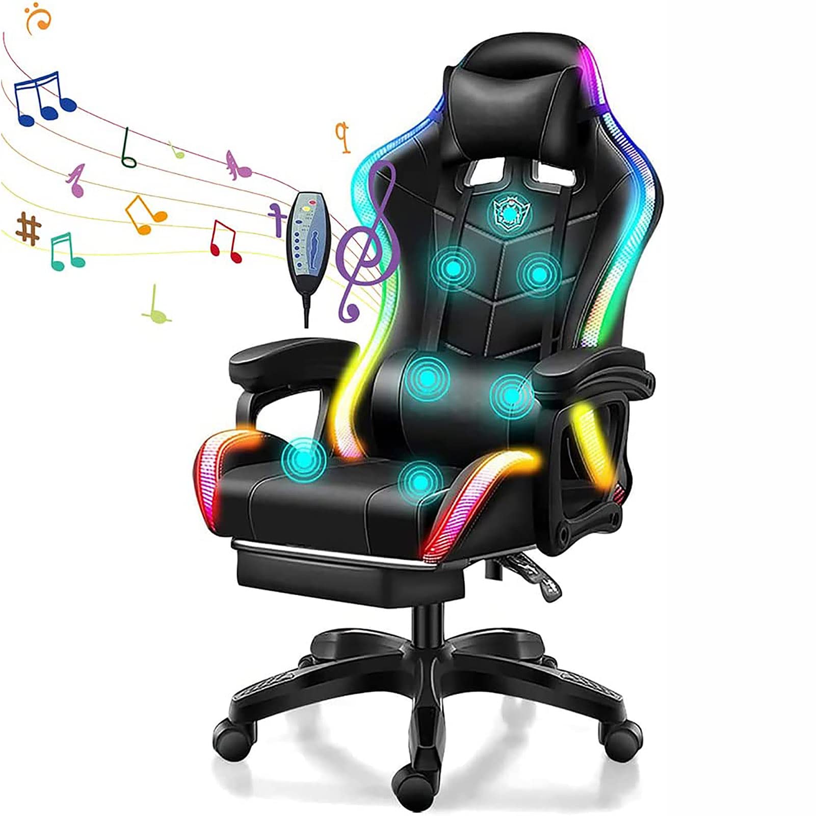 Chaise de jeux vidéo ergonomique : fauteuil ordinateur noir avec haut-parleur et massage