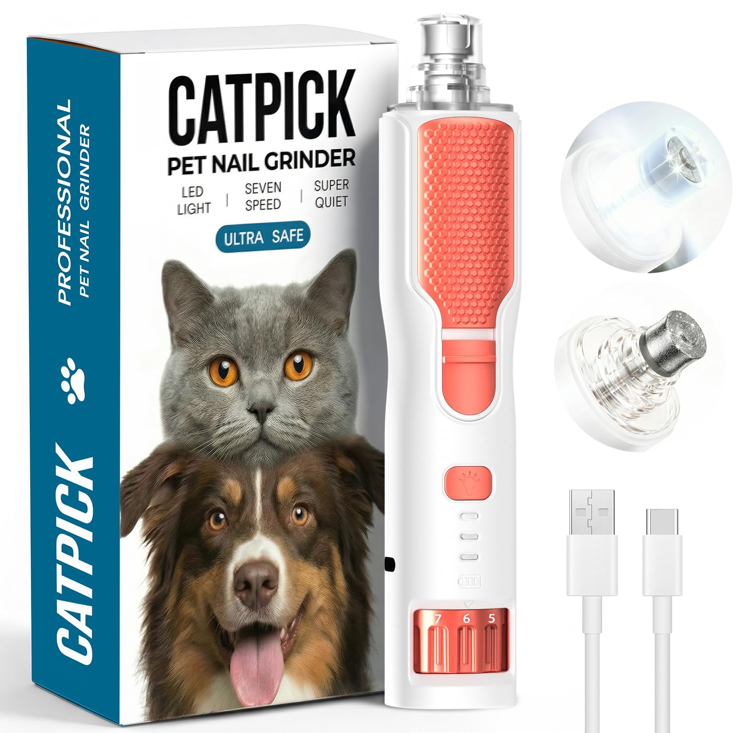 7-Speed Dog & Cat Nail Grinder with Light - Ring LED Safe to Avoid Overcut, Quiet Low Vibration & Powerful Fast, Cordless Rechargeable Toenail Trimmer for Small & Large Puppy & Breeds Paws(White)