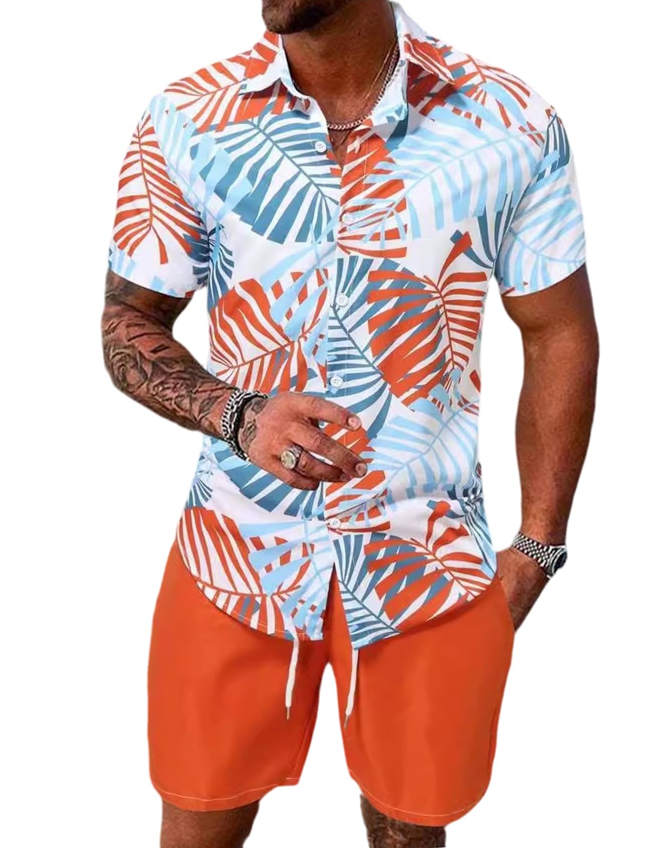 Yimoon tropical button-down and matching shorts in bright orange lightweight polyester