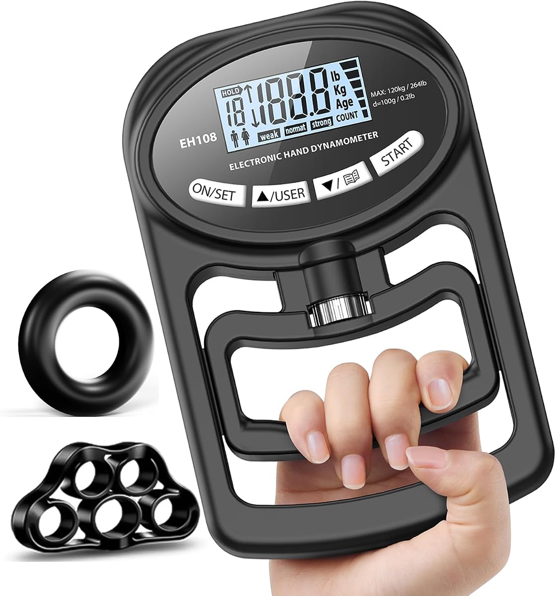 Probador de fuerza de agarre, dinamómetro de agarre manual con entrenador | Medidor de fuerza digital de 265 lb/120 kg para pruebas en deportes, hogar y escuela, incluidos ejercitadores para entrenamiento de manos y antebrazos