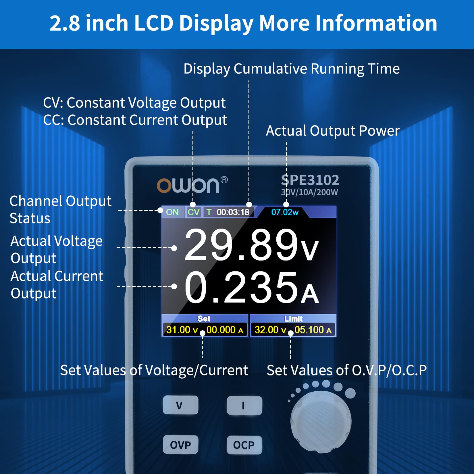 OWON SPE3102 DC Zasilacze laboratoryjne 30 V/10 A 4-cyfrowy wielokrotna ochrona o wysokiej dokładności 2,8-calowy wyświetlacz TFT LCD z obsługą portu USB SCPI