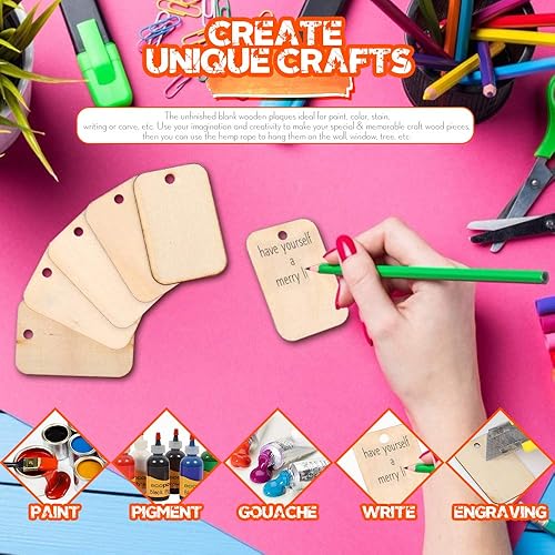 Miniatura 3 de HNYYZL 100 piezas de madera sin terminar con forma rectangular, corte de madera clara natural rústico con agujero y cuerda de cáñamo de 6.6 ft, para