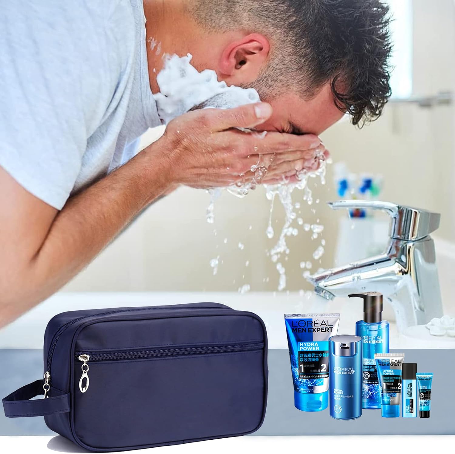 FITDON Portable Travel Toiletry Bag, Waterproof Dopp Kit Shaving Bag for Men Blue - Image 4