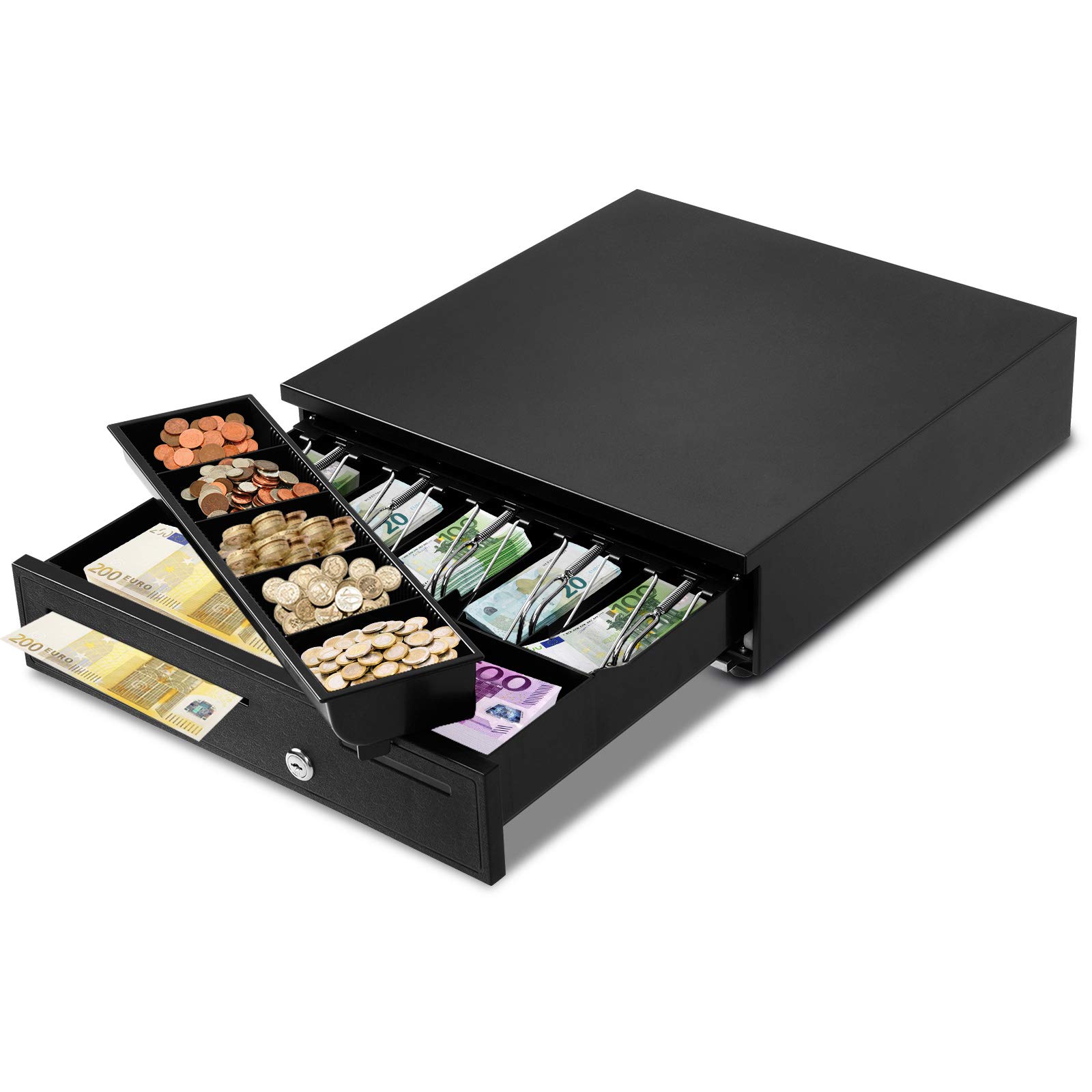 Goplus - Cajón para caja registradora, caja de dinero, cajón de caja registradora electrónica con 5 compartimentos para billetes y 5 compartimentos para monedas, color negro, 42 x 40,5 x 9 cm