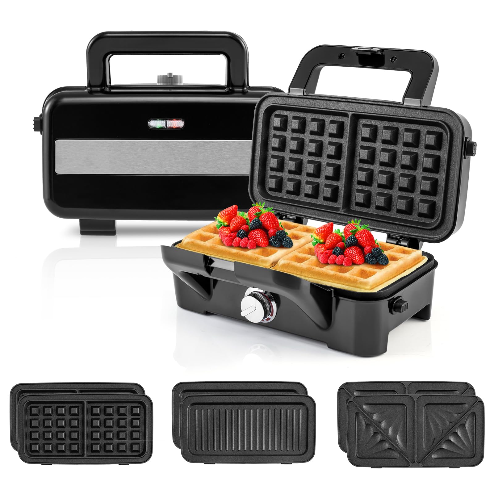 ARLIME Gofry 3 w 1, elektryczny grill Panini 1082 W z nieprzywierającymi płytkami, lampki wskaźnikowe, fajny uchwyt, 5-biegowa kontrola temperatury do kanapek na śniadanie