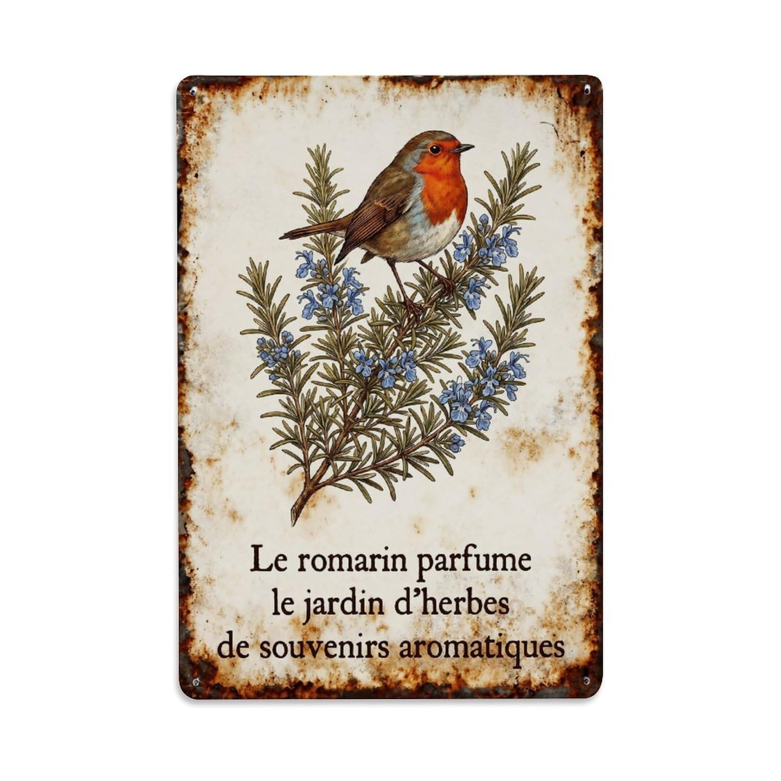 Yrnq Vintage Style-1 Robin Bird Garden Quote Rosemary Herb Vintage Metal Tin Sign Plaque Wall Decor For Cafe, Club, Garden Round Metal Poster 8X8inch
