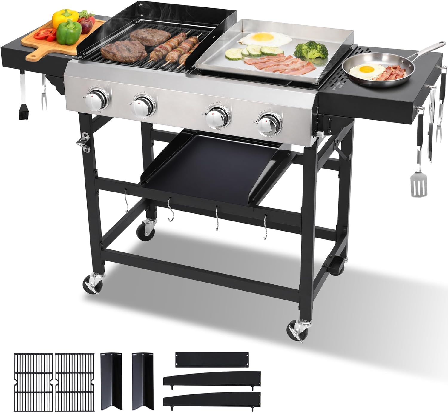 Gas Grill and Griddle Combo with Conversion Kit, 4-Burner Griddle Grill Combo with Folding Side Tables, 40,000 BTU Propane Grill with Cast Iron Grates and Stainless Steel Griddle