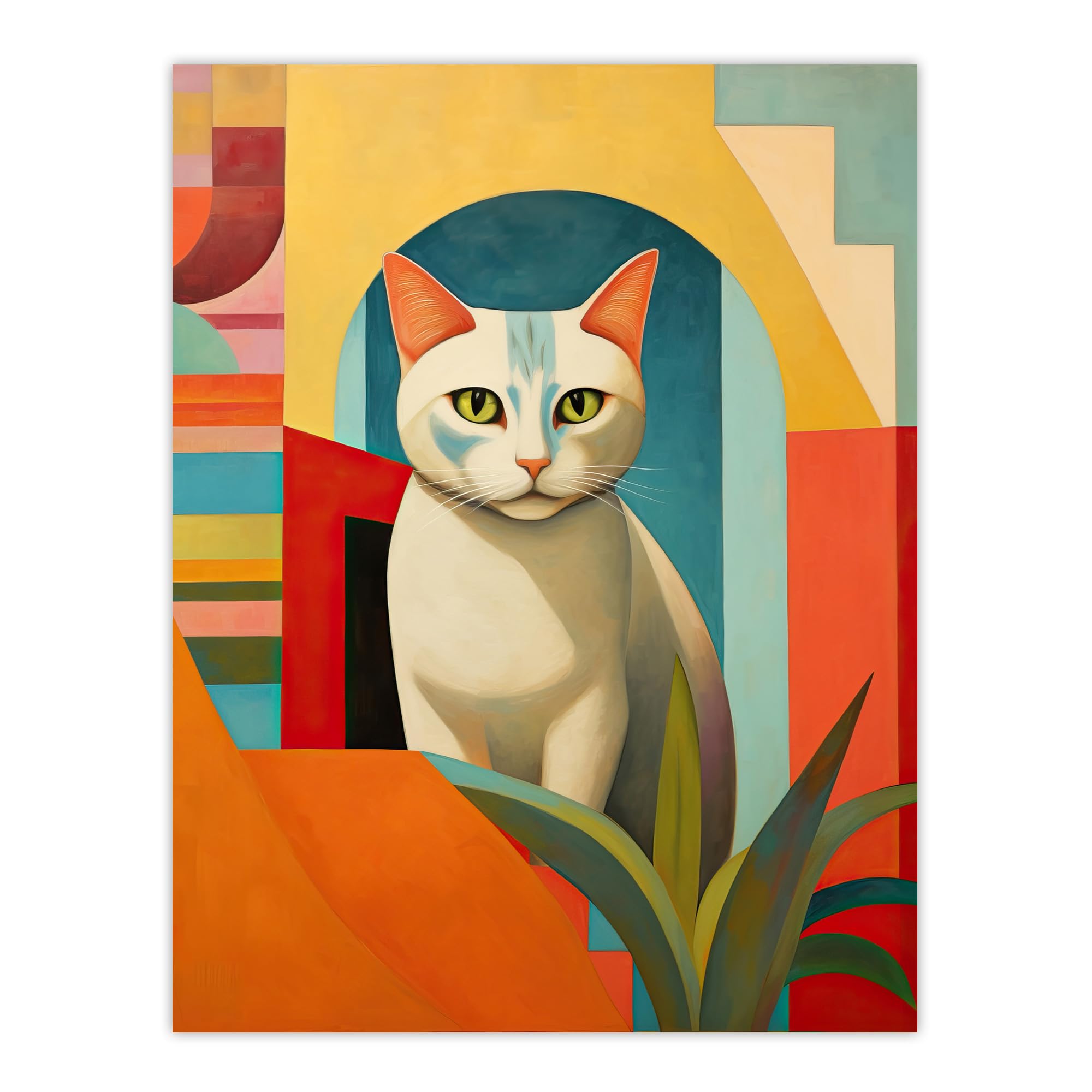 Artery8 Abstract Cubist Cat And Plant Feline Geometric Contemporary Artwork Extra Large XL Wall Art Poster Print