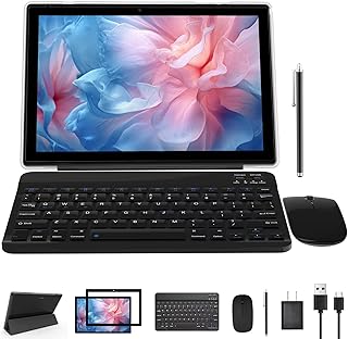 2 in 1 Tablet 10.1 Inch Android 11 OS Tableta, Tablets with Keyboard, Mouse, Case, Stylus, Tempered Film, 64GB ROM+2GB RAM, 8MP Dual Camera, Quad Core Processor, 6000mAh Battery, 1280 * 800 FHD Tab