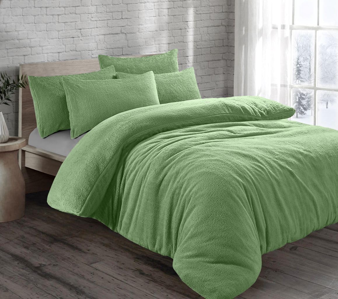 Laam linen Teddy Fleece Duvet Cover with Pillow Case Set Quilt Cover Warm Cozy Thermal Bedding Soft Teddy Bear Duvet (Sage, Super King)