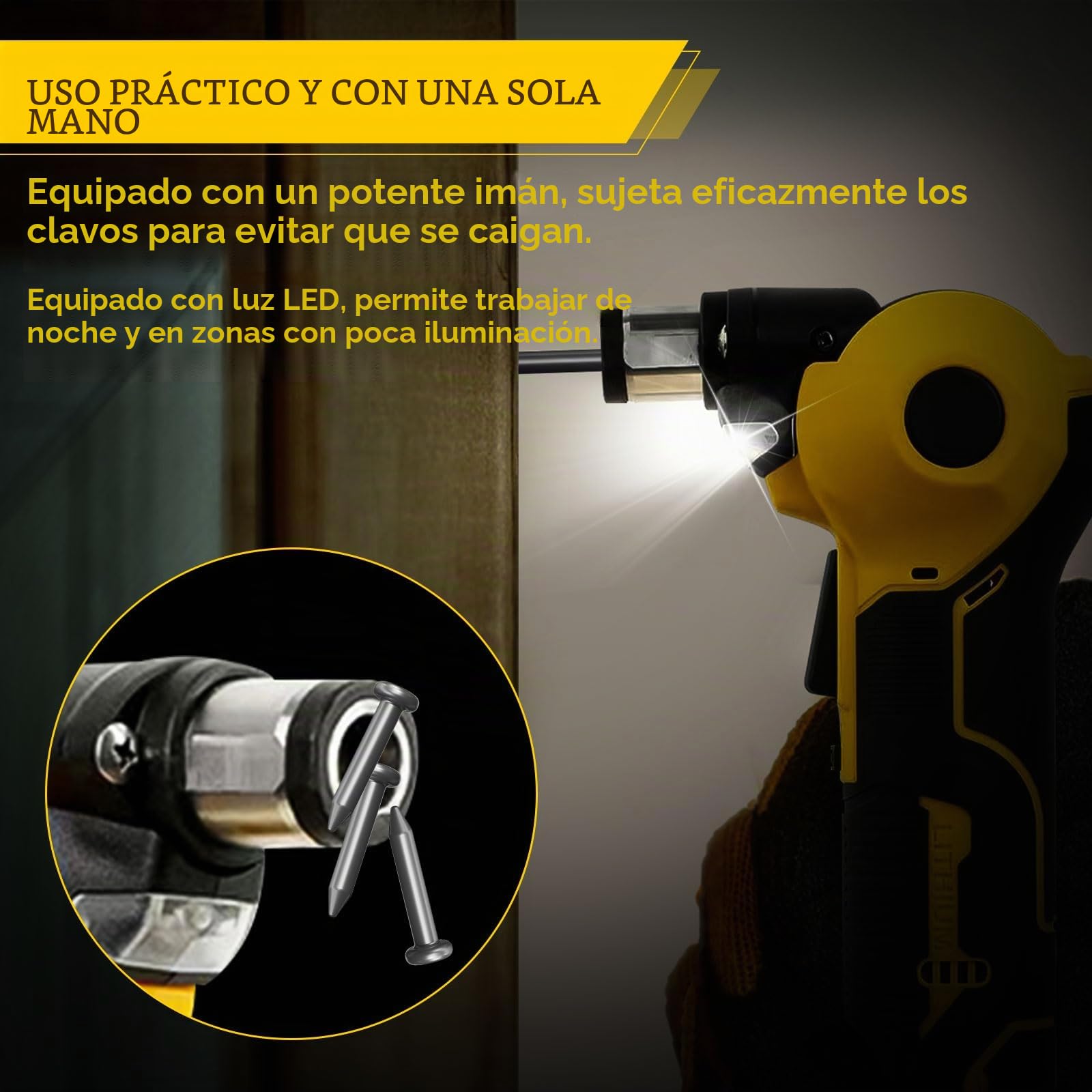 Martillo automático inalámbrico Dewalt 20 V, martillo de clavos eléctrico con ajuste de 3 posiciones, pinza magnética para taladrar madera y metales blandos