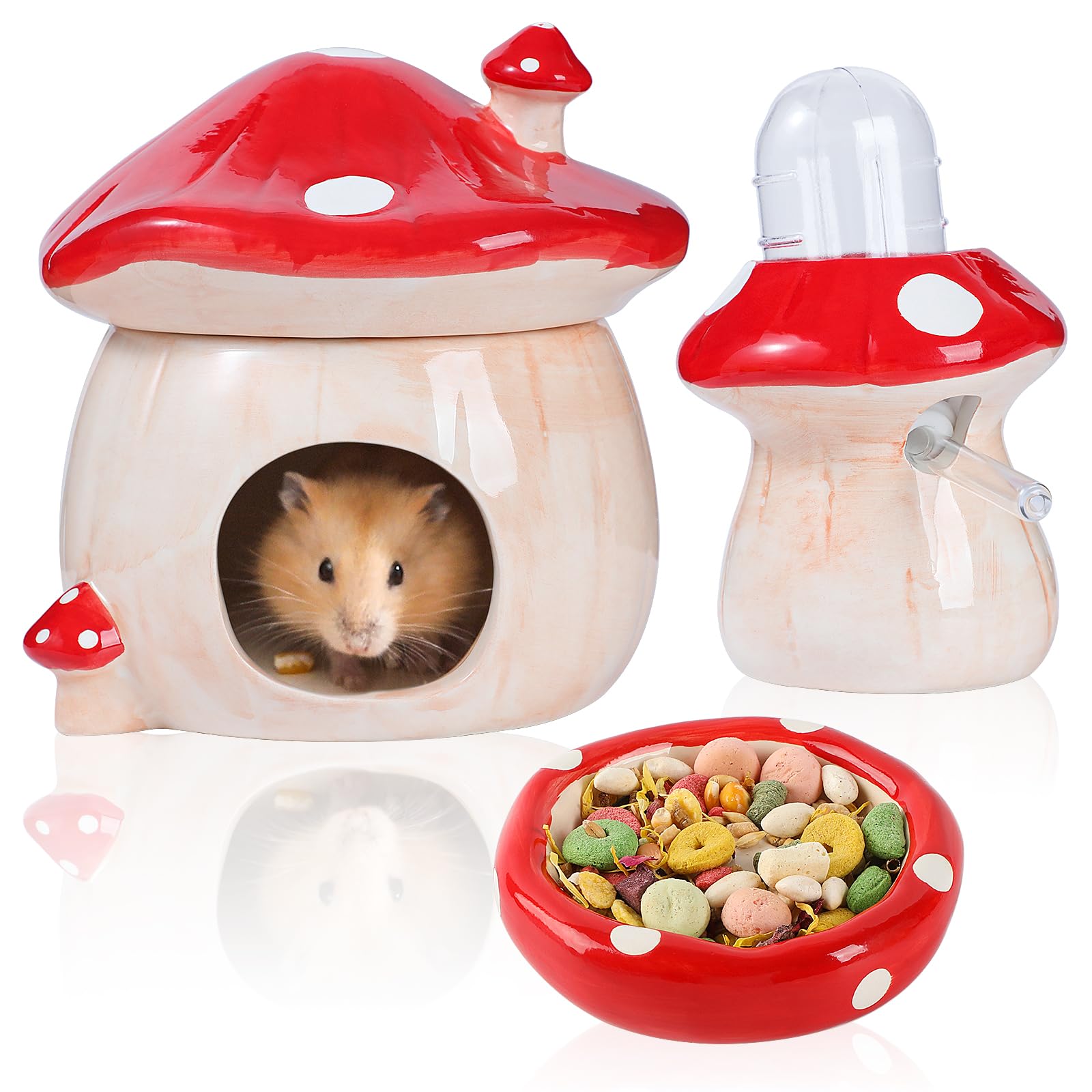 Ceramic Hamster Hideout, Hamster Water Bottle Holder and Food Bowl, Red Ceramic Mushroom House Design– Complete Cage Accessories for Small Animal cage
