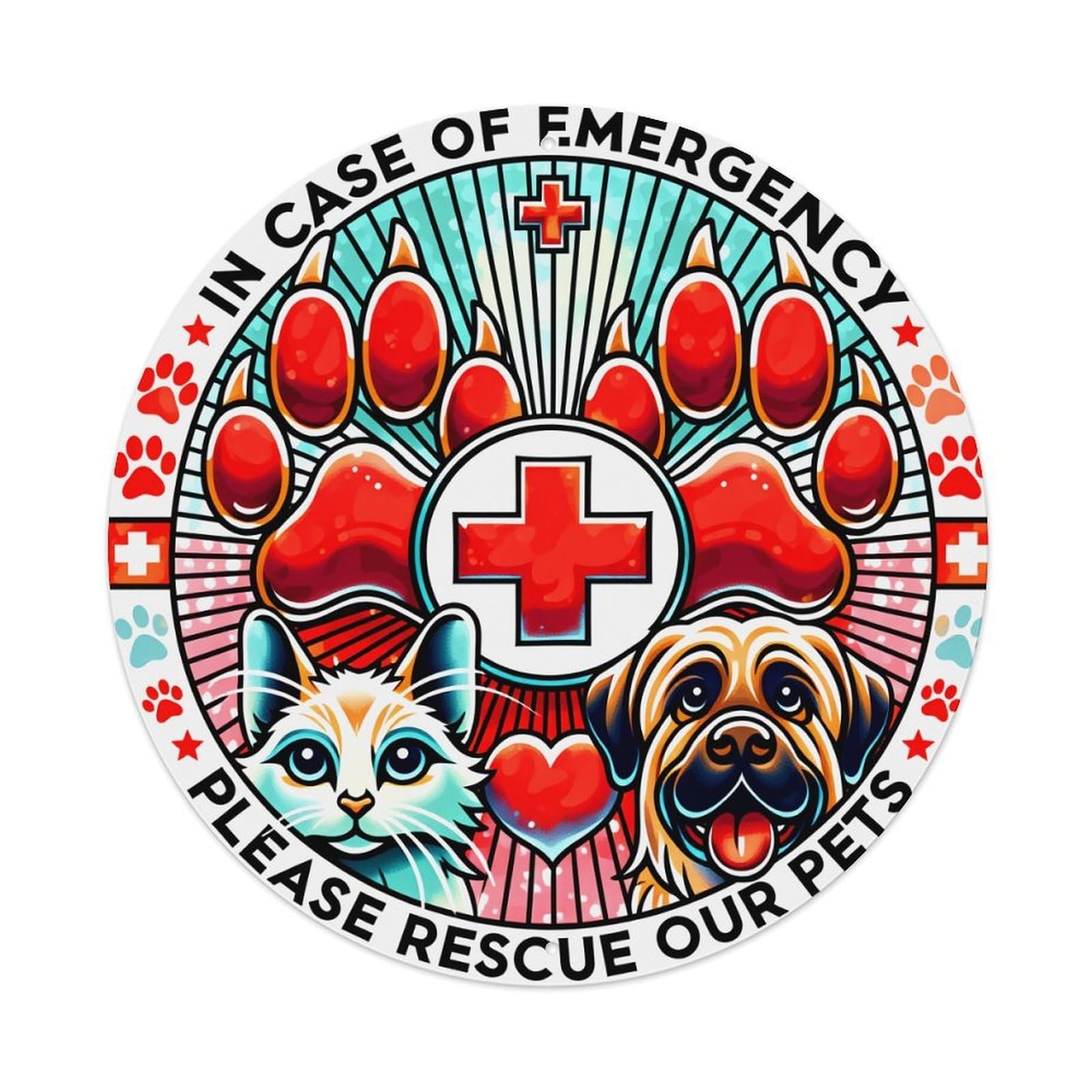 Wmlzdnwr Vintage In Case Of Emergency Please Rescue Our Pets Round Tin Sign,Retro Wall Art,Metal Poster For Home, Bar, Garage, Cafe, Rustic Indoor & Outdoor Decor, 8X8 Inches