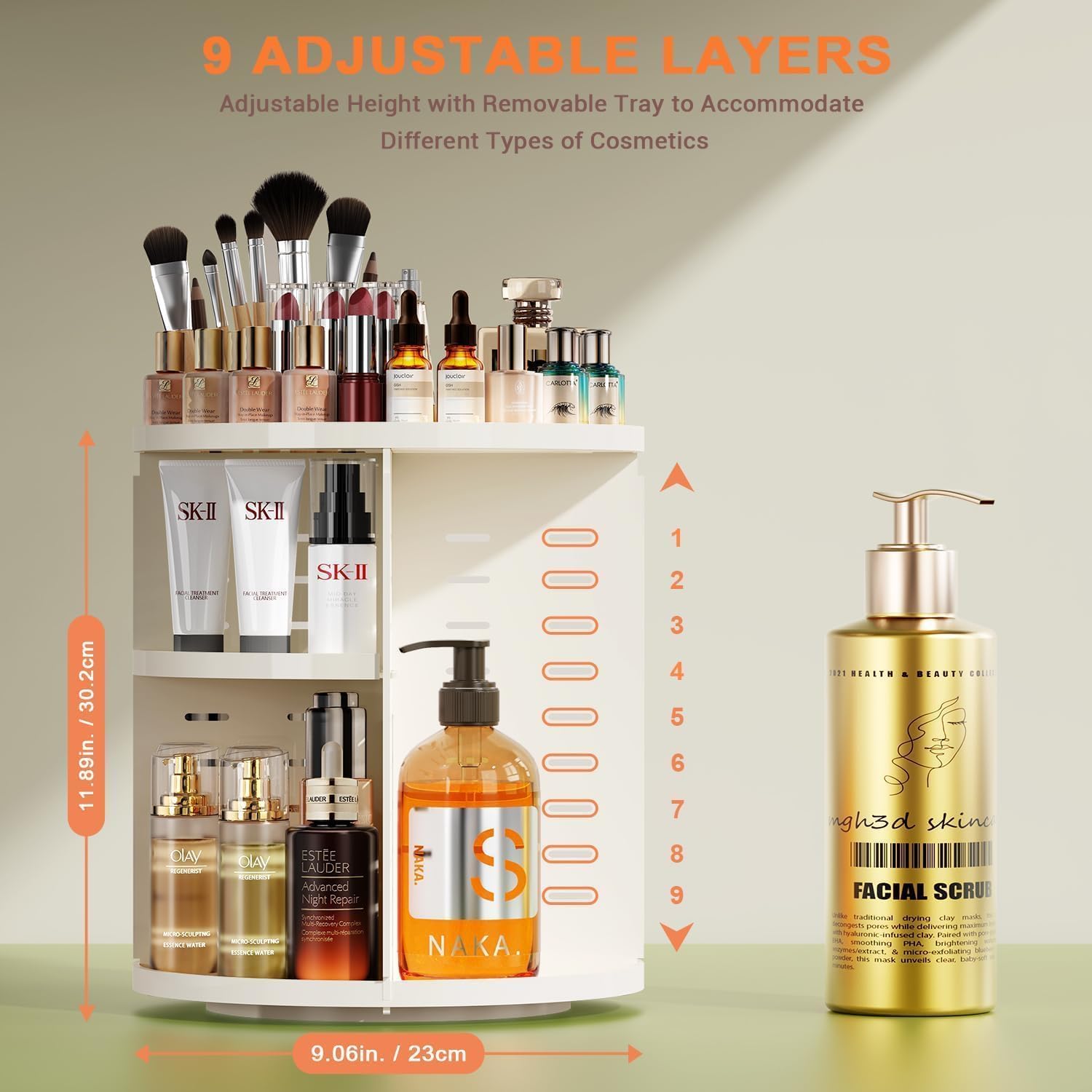 Auxmir Organizer Trucchi Rotante a 360°, 9 Ripiani Regolabili, Bianco