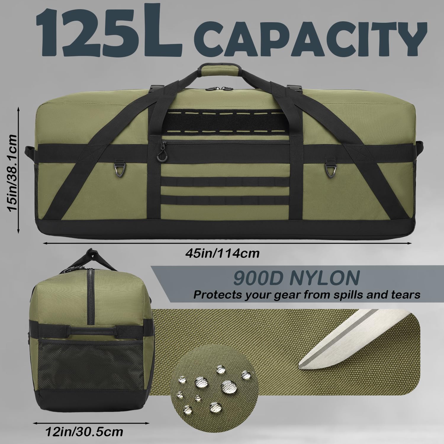 125L Extra Large Duffle Bag for Travel - Heavy Duty Duffle Bag with Multiple Pockets for Camping Gear Travel Storage Tent Storage Sports Equipment, Green - Image 2