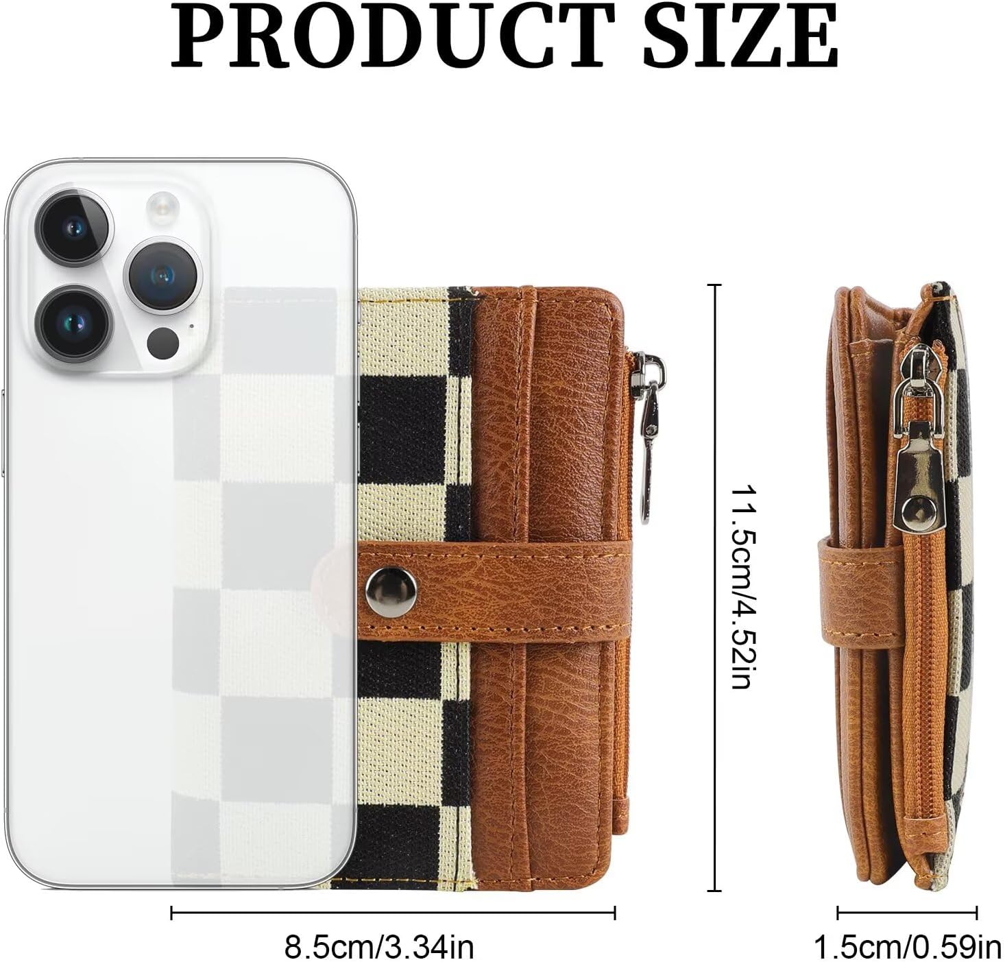 Women's RFID Blocking PU Leather Bifold Wallet-Compact Design with 8 Card Slots,ID Window,Snap Button Closure|Stylish Checkered Pattern,Multiple Colors|Secure&Functional for Daily Use(Checkered brown) - Image 3