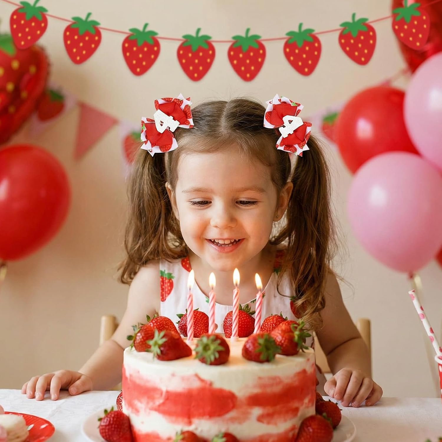 Strawberry Hair Clips for Berry Fourth Birthday Decor,Strawberry Hair Accessories Birthday Hair Bow Baby Bow Clips Cute Sweet Red Bow Fruit Barrettes Alligator Clip for Little Girl Baby Gift (4 Years)