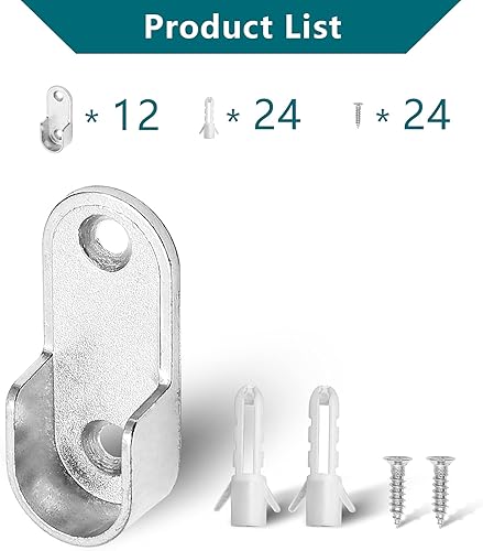 Miniatura 2 de Paquete de 12 soportes ovalados para barra de armario con 2 agujeros de montaje, soportes de barra de soporte de armario aptos para varillas