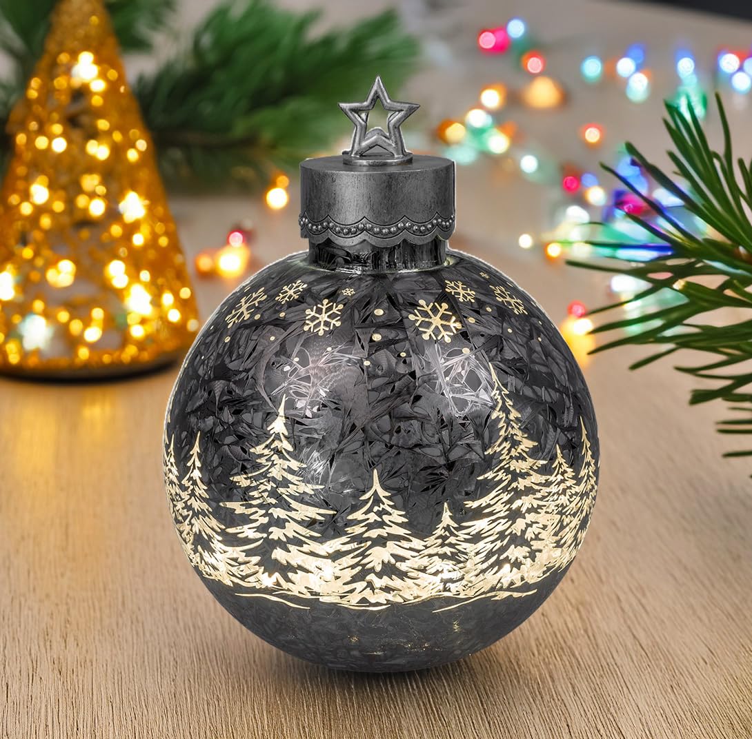 formano Deko-Kugel Frosty grau 35cm mit LED Licht Timer Beleuchtete Glaskugel - Weihnachtsdekoration Tisch Regal Deko-Kugel 6h/18h Timer Weihnachtskugel zum Stellen