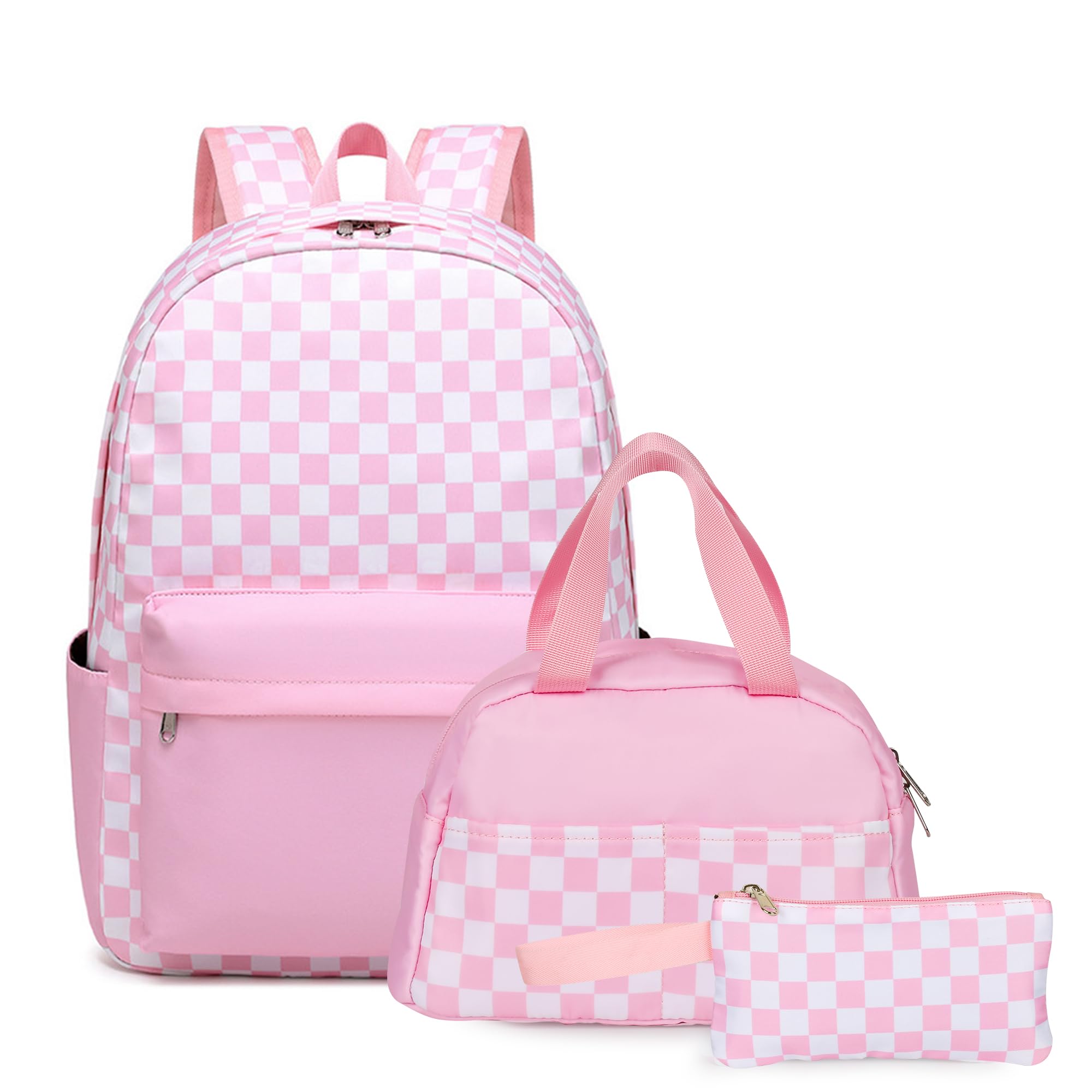 YAOLEOMG Checkered Backpack,Kids Backpack for Girls,School Bookbags Childs Back to School Bag with Lunch Box (3 in 1 Pink/White)