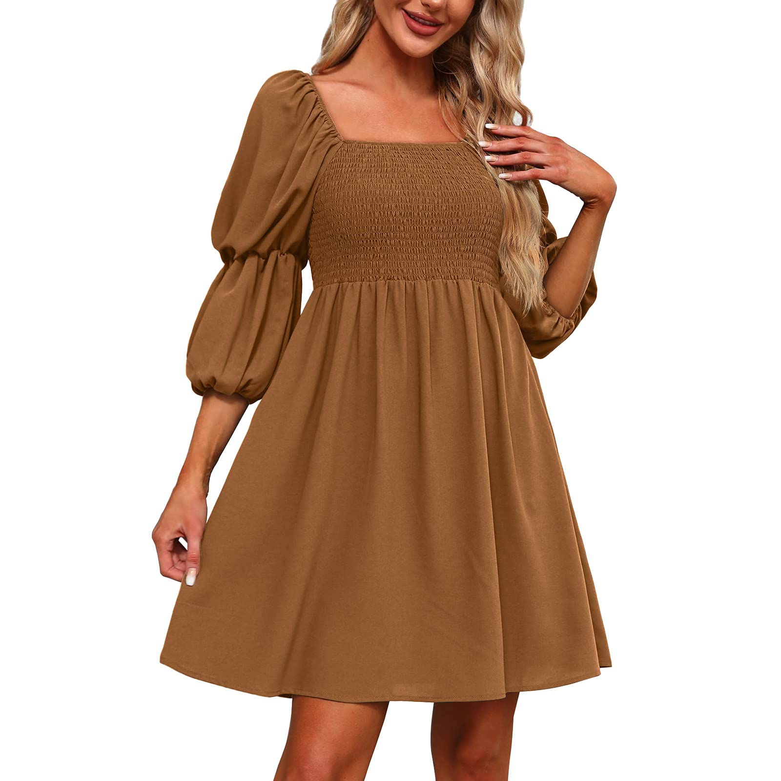 AMhomelyDresses for Women UK Casual Square Neck Puff 3/4 Sleeve Smocked Chest Off Shoulder Babydoll Mini Dress Ladies Trendy Tunic Dresses Activewear Dresses for Vacation Cocktail Formal Work Wedding"