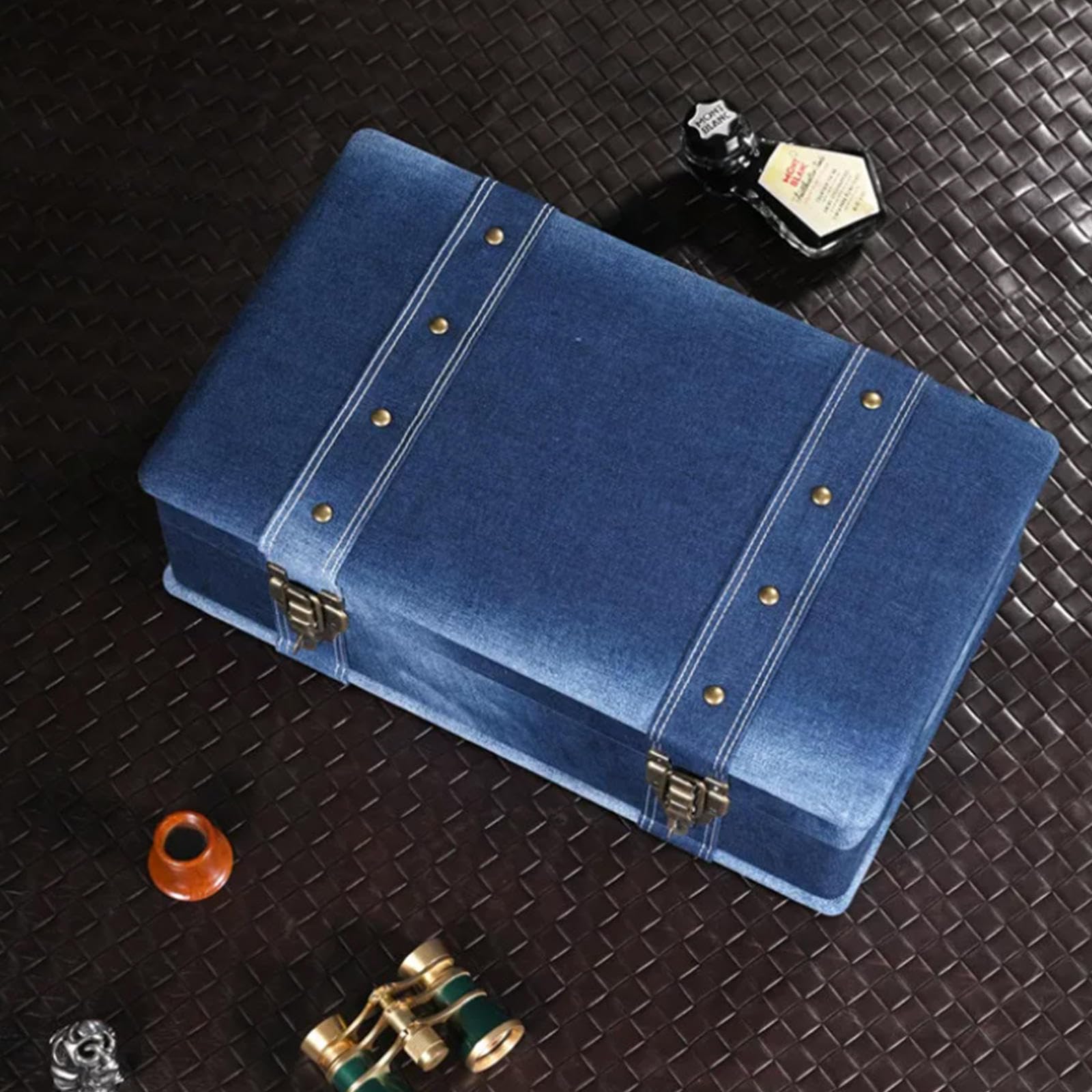 Scatola Portapenne in Denim 14 Scomparti per Scrivania | Organizer per strumenti di scrittura con vassoi removibili, interno morbido e chiusure in metallo.