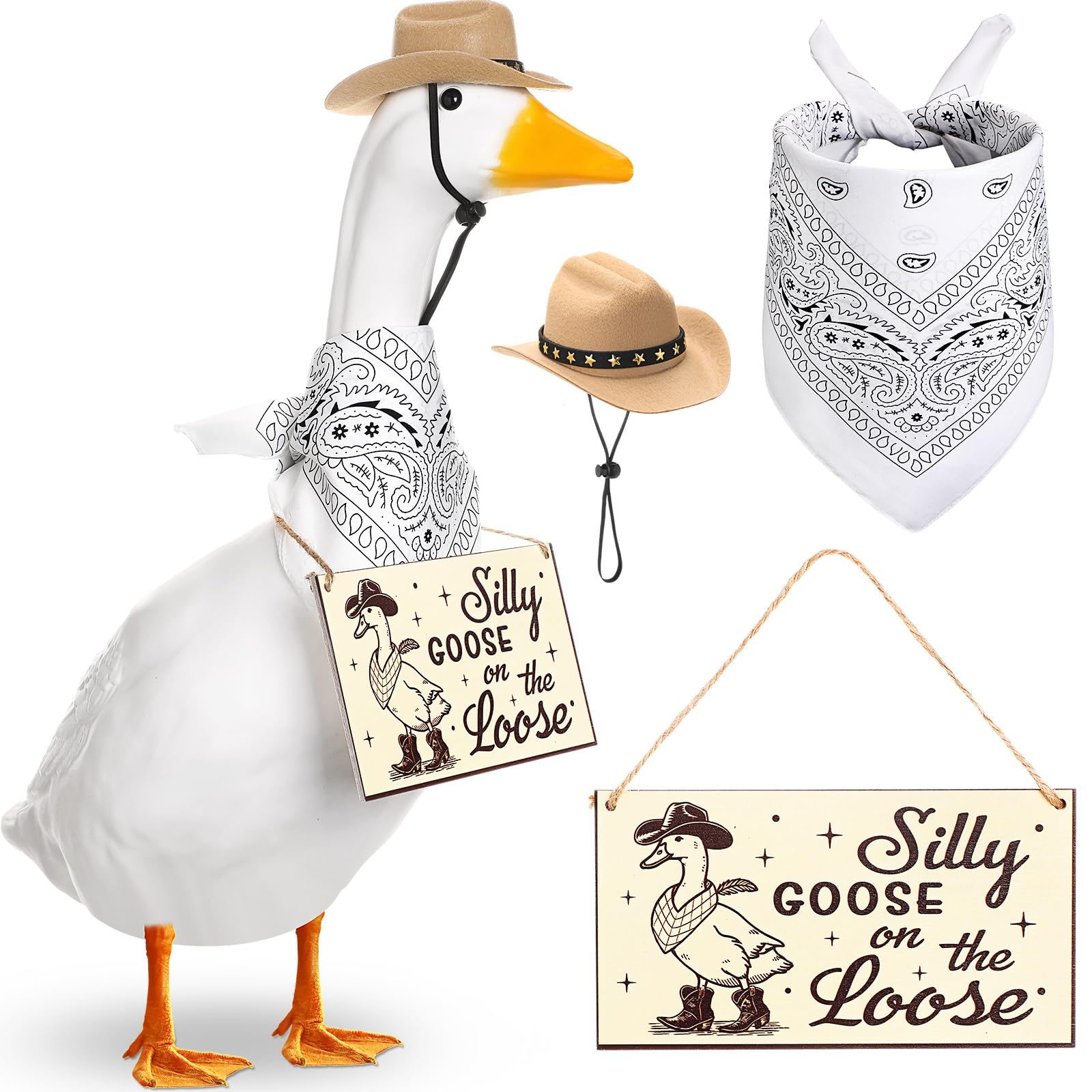 Silicherry Funny Porch Goose Outfit Decoration Set Silly Goose on The Loose Hangings Sign Cowboy with Outfit Cowboy Hat Bandana for 23" Cement/Plastic Outdoor Statue Patio Yard Lawn Art(White,Khaki)