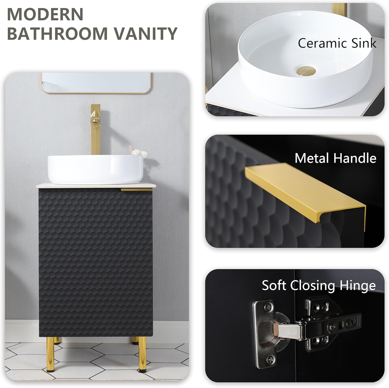 18 Inch Small Bathroom Vanity with Vessel Sink, Black Narrow Bathroom Cabinet Sink Combo for Small Spaces, Freestanding Vanity with Soft Close Door