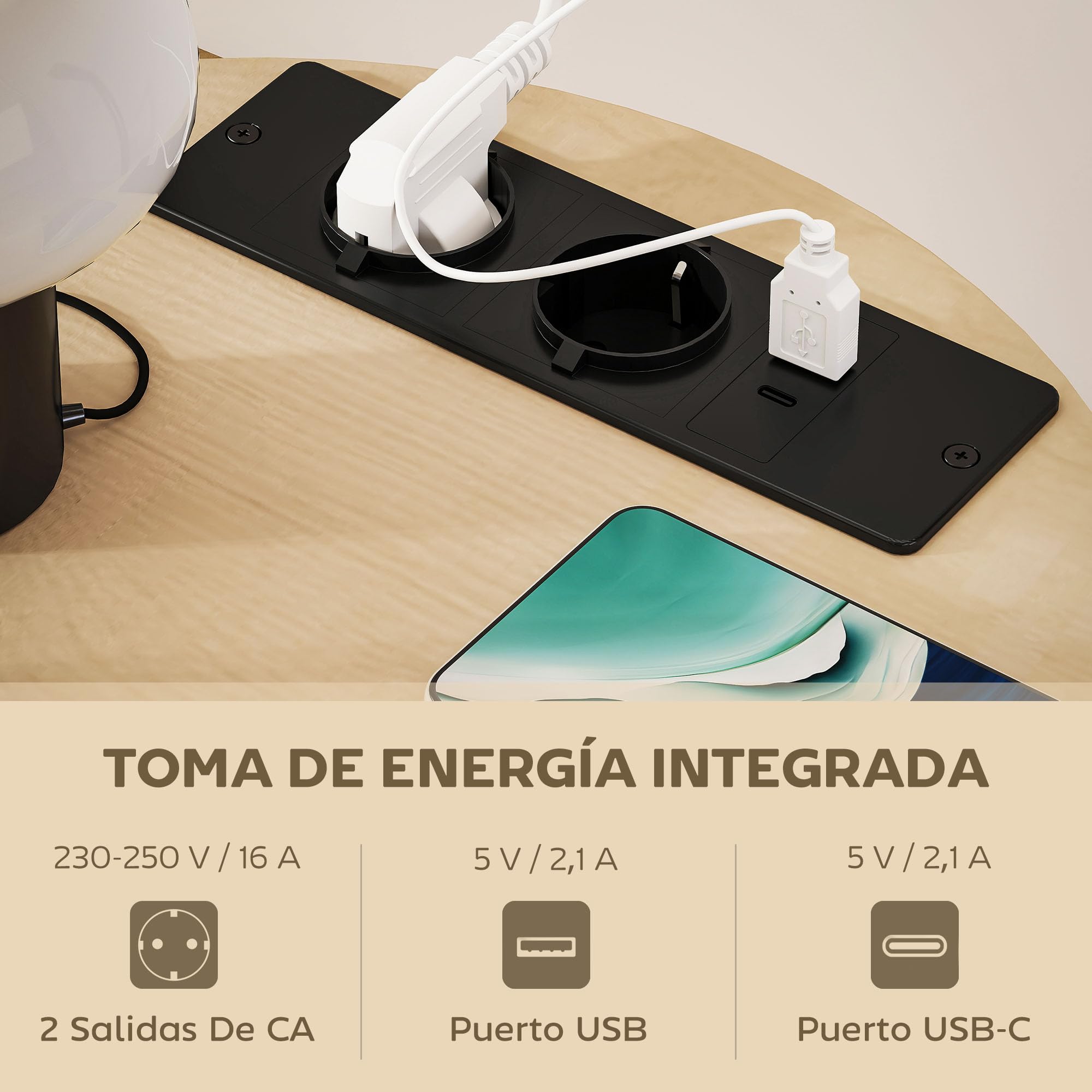 HOMCOM Mesa Auxiliar Redonda de 3 Niveles Ø50x55,1 cm Madera Natural | Estación de Carga, Mesita Auxiliar Industrial, 2 Estantes Abiertos, Bolsa de Almacenaje, para Salón Dormitorio Librería