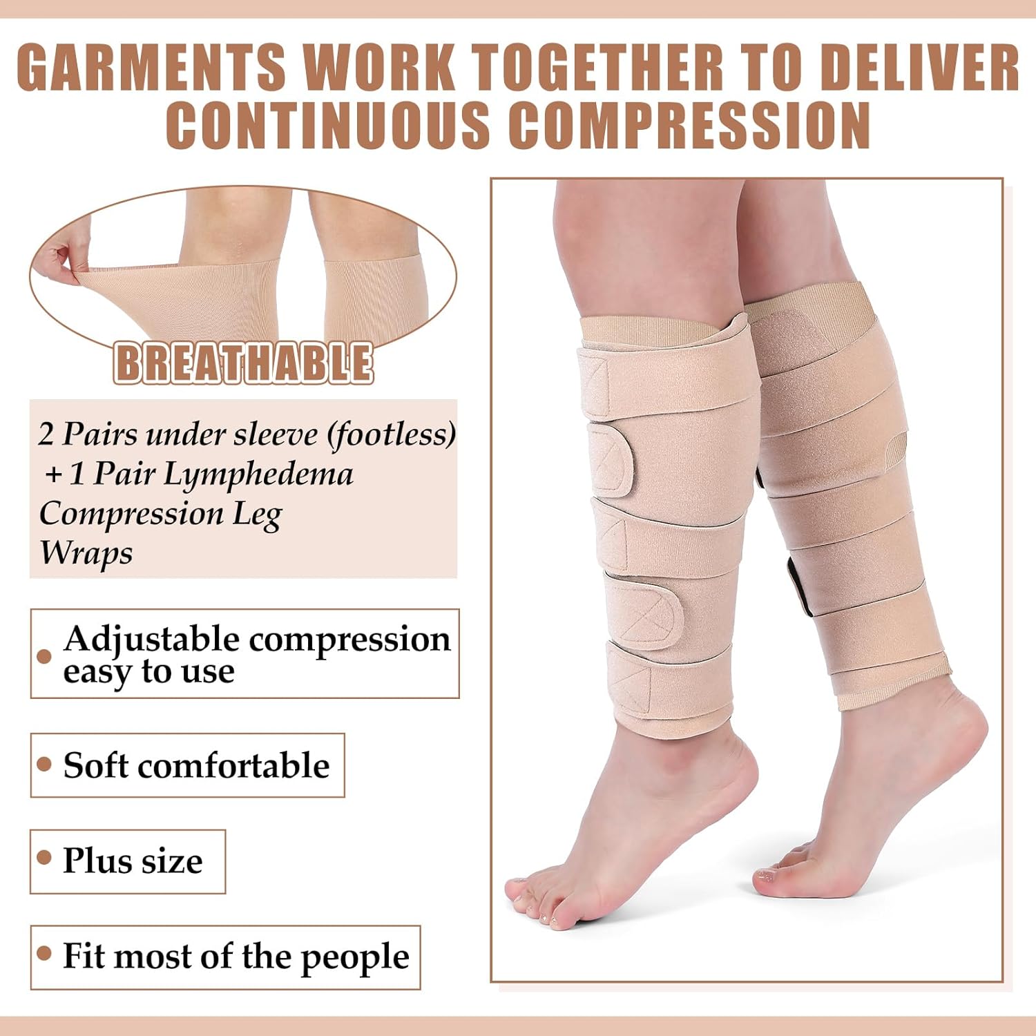 3 Pairs Lymphedema Compression Leg Wraps Adjustable Lower Leg Cover up Medical Shin Splint Wrap for Heaviness Fatigue (Complexion)